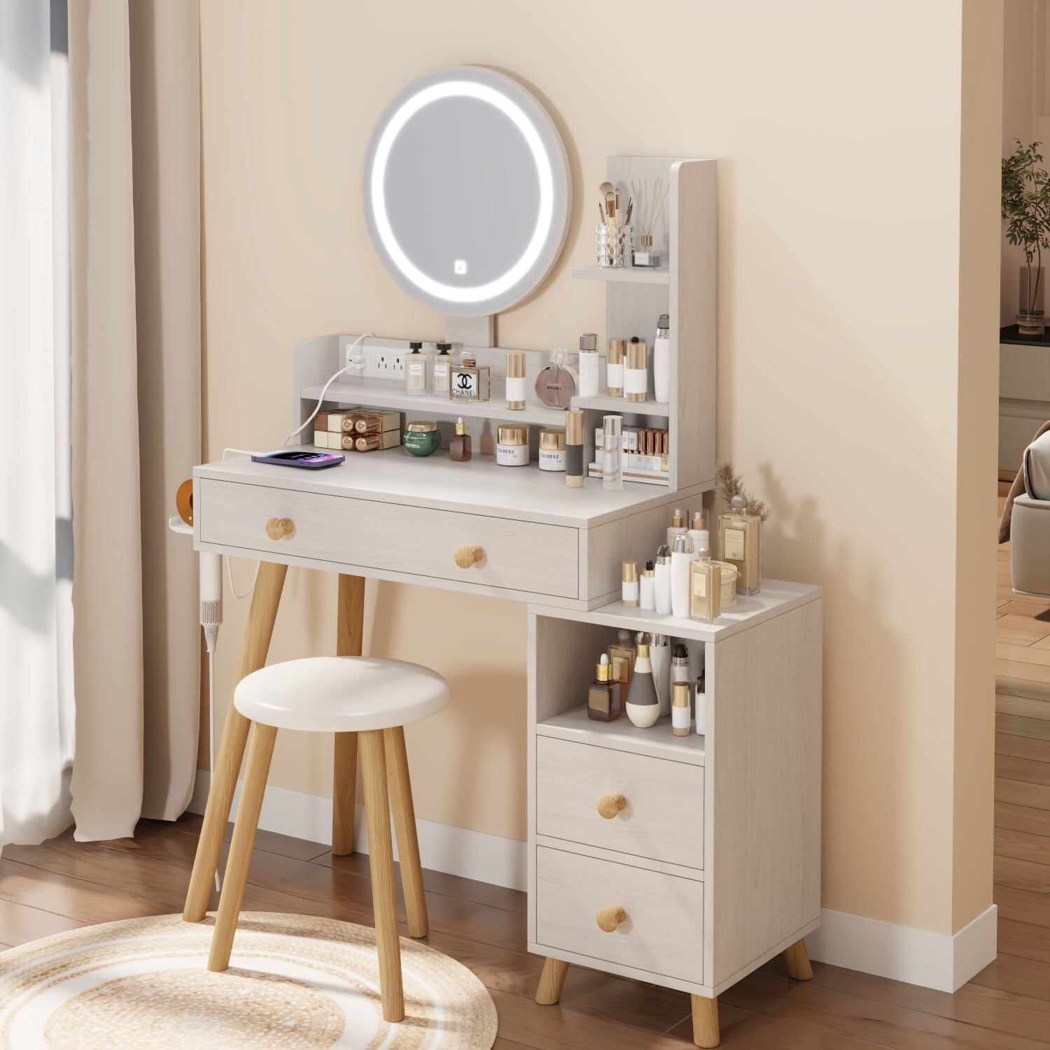 AENKYO Vanity Table Set with LED Mirror & Stool, Touch Control 3-Color Lighting, Multi-Layer Storage, Large Makeup Desk for Girls & Women - White