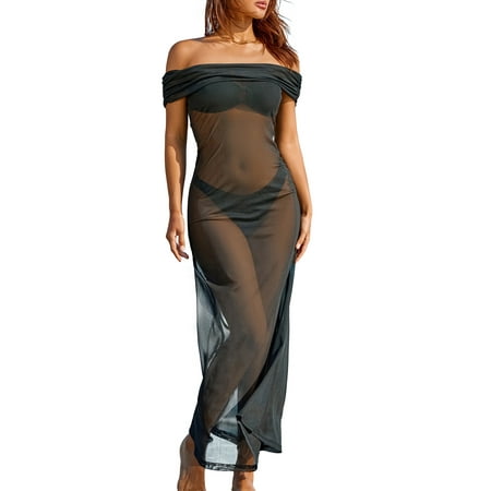 JBEELATE Women s See Through Cover Up Dress Summer Sheer Mesh Bikini Coverup Maxi Dress Beach Bathing Suit Sundress