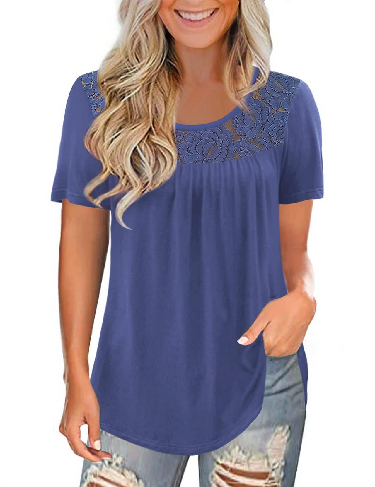 LETDIOSTO Women's Plus Size Tops Short Sleeve Shirts Lace Pleated Tunic ...