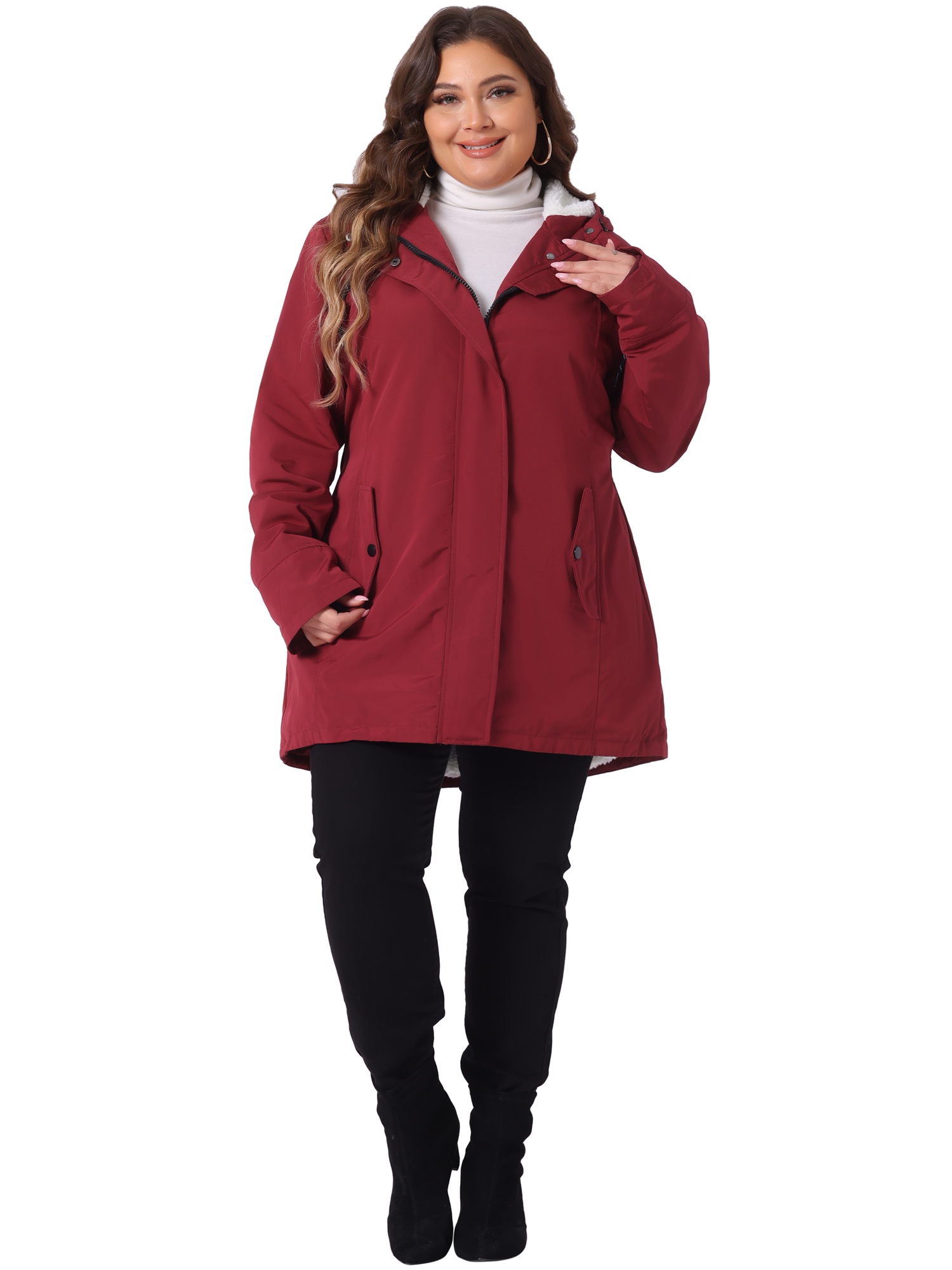 DARING DIVA Women's Plus Size Faux Lamb Fur Leather Button Down Hoodie Coat 1X Burgundy