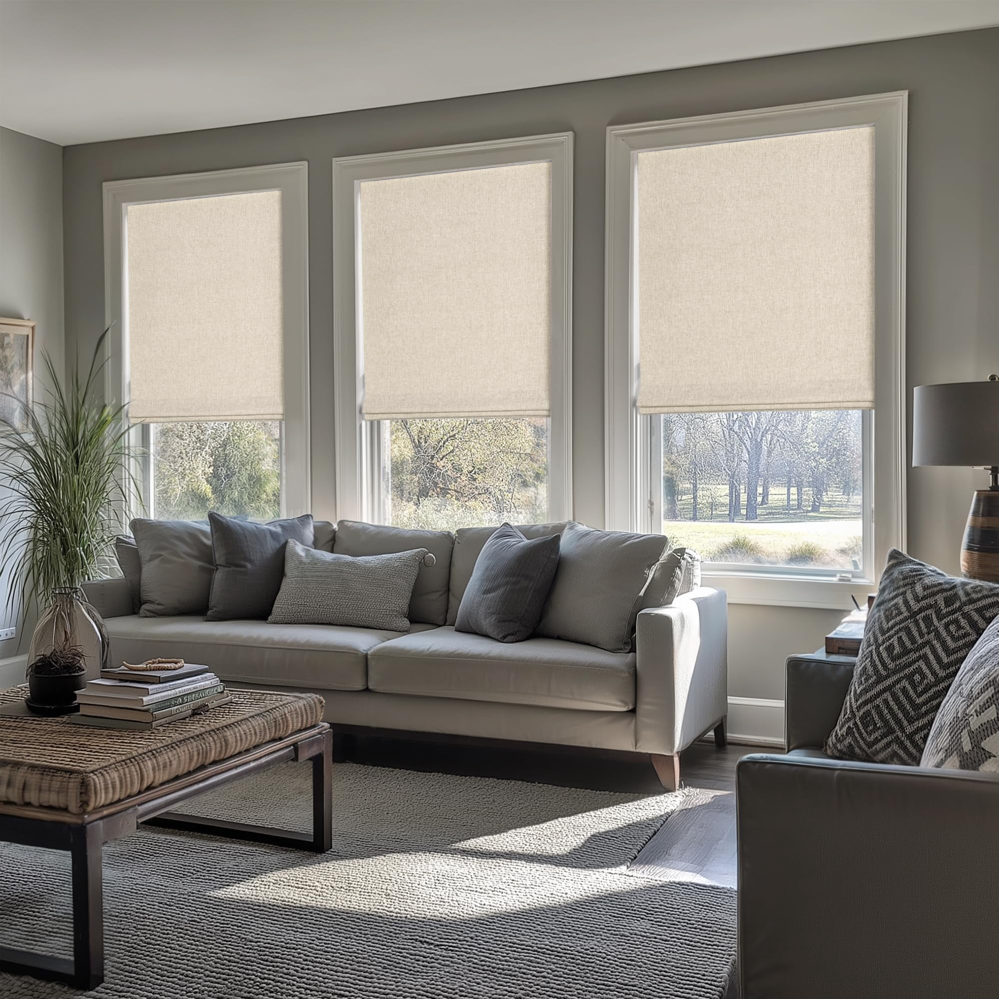 No Tools Drill Cordless Roman Shades For Windows  Blackout Thermal Insulated Uv Blocking Window Blinds Room Darkening Fabric Indoor 21'' W X 48'' H Beige