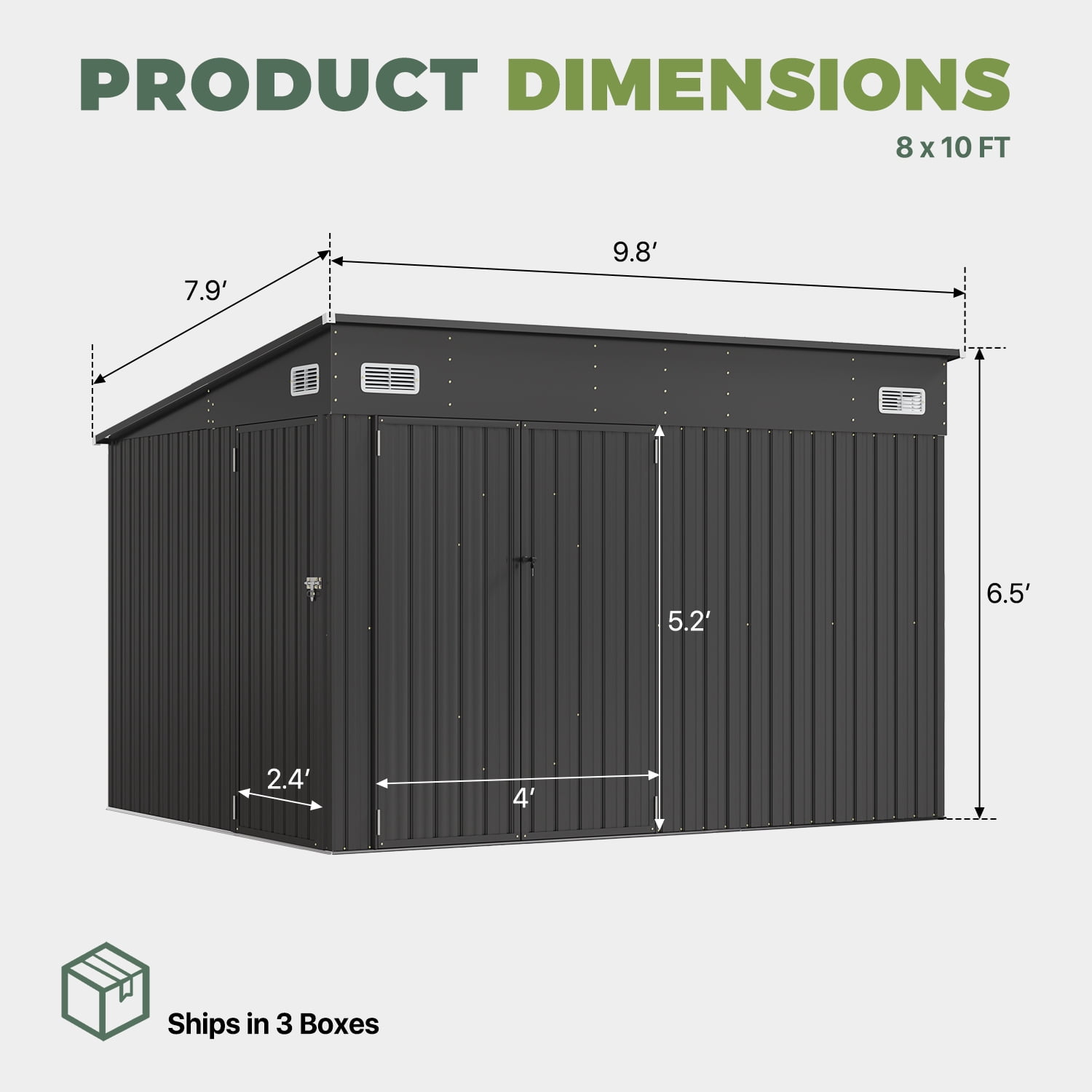 BaPiPro 10'x8' Lean-to Metal Storage Shed with Floor, Outdoor Lockable Shed with Triple Doors & Vents for Garden, Backyard, Patio - Black