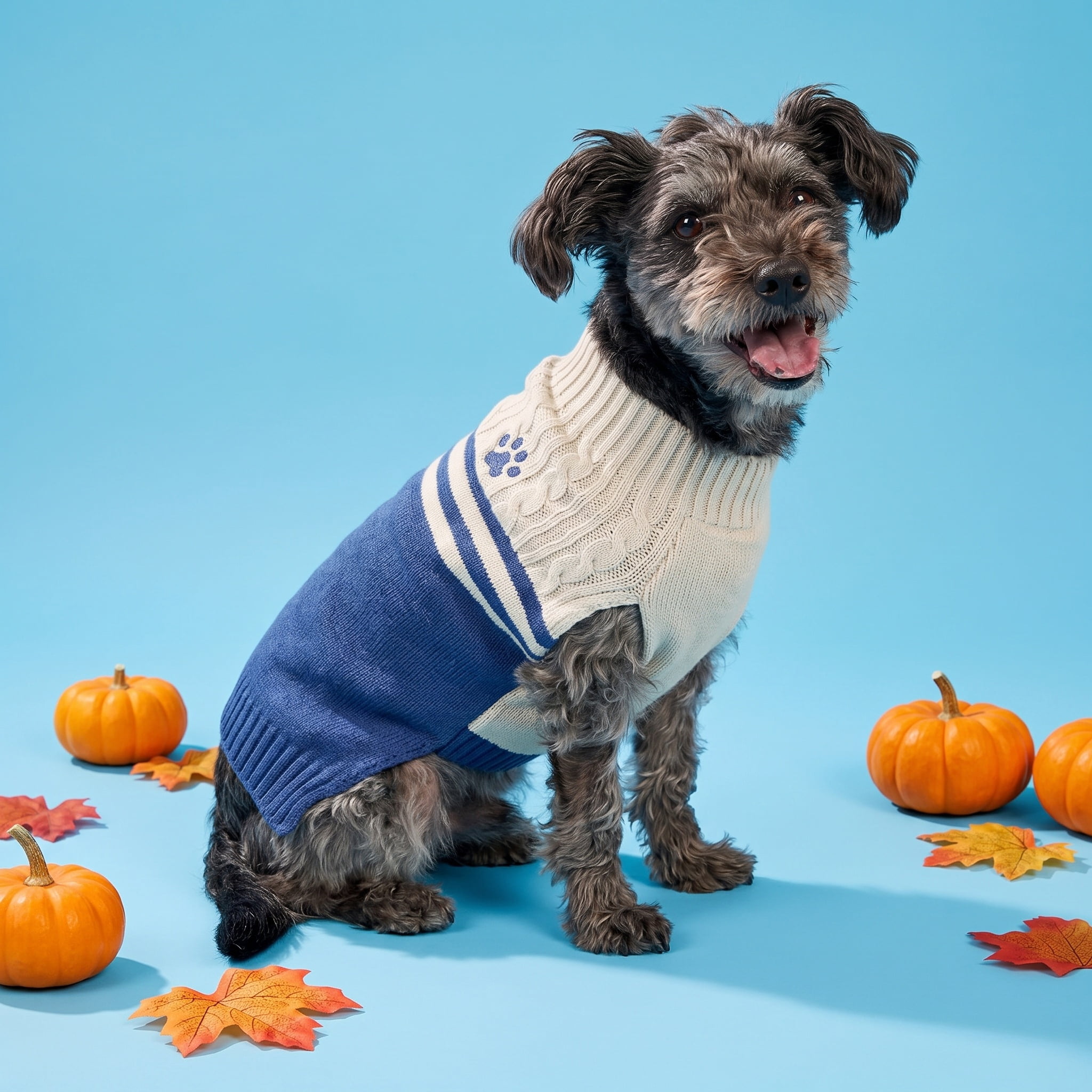 Vibrant Life Cable Knit Sweater for Dogs, Paw Print, Cream and Navy, M