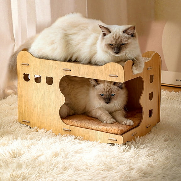 Wood Cat House ,Cardboard Cat Scratcher Sturdy Durable , Cat Lounge with Scratching Pad Board for Indoor