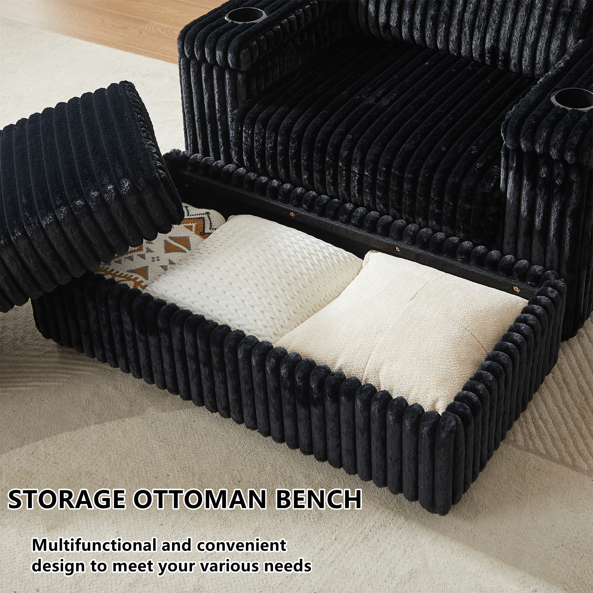 Aukfa 43" Corduroy Chaise Lounge w/ 2 Cupholders, Storage Bench & Arm, Plush Chair Bed, Black