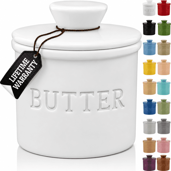 PriorityChef French Butter Crock for Counter With Water Line, Ceramic Butter Keeper, White