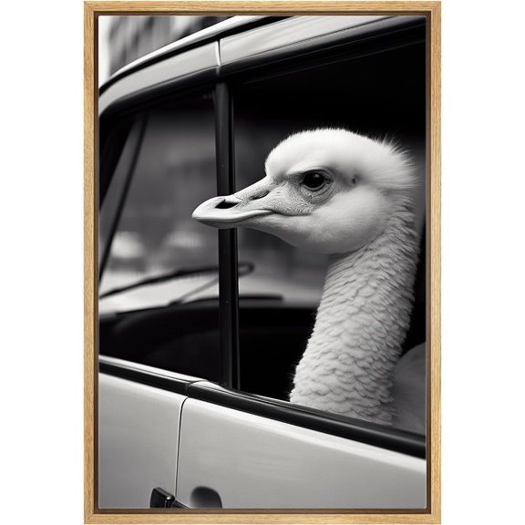 Wall26 Canvas Print Wall Art Funny Ostrich Bird in Car Landscape Animals Photography Realism Modern Framed Art Decora Multicolor Creative Artwork for Bedroom - 24"x36" Natural