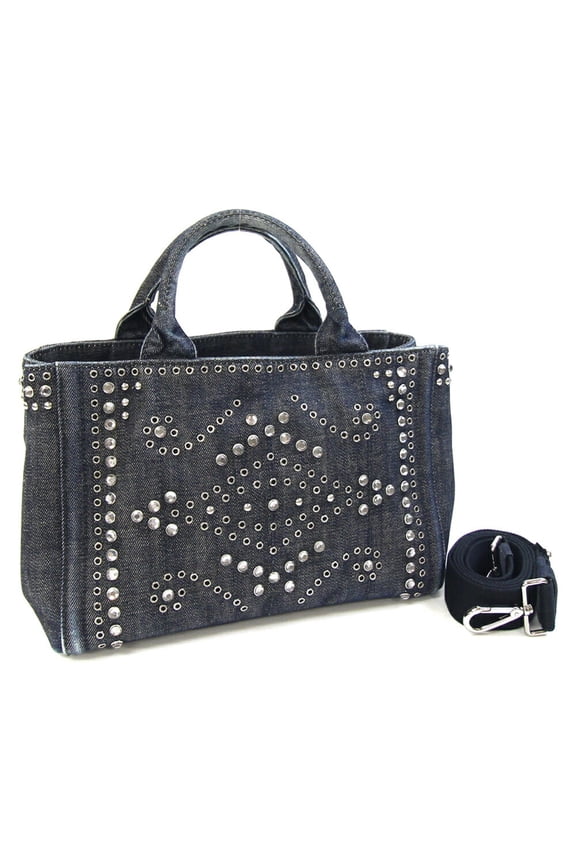 Pre-Owned Prada Canapa Handbag BN2439 Navy Denim Shoulder Bag with Beading, Women's PRADA |...