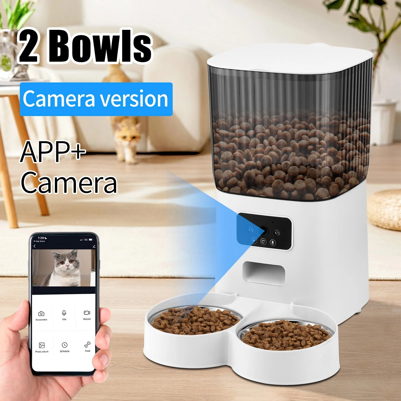 LASIEYO Smart Camera Automatic Cat Feeder for 2 Cats, 5L Food Dispenser with 2 Stainless Steel Bowl, App Control Smart Pet Feeder, for Dual Power Supply, Detachable for Easy Clean