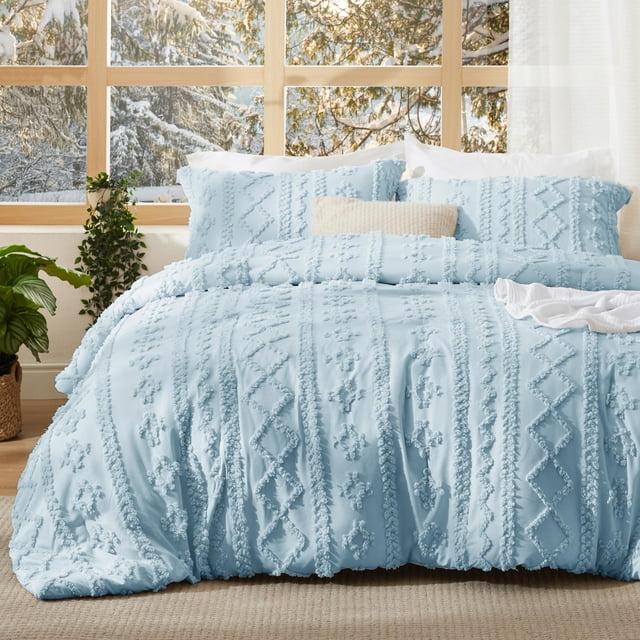 Juego de edredón Bedsure, estilo bohemio, tamaño queen, azul empolvado, 3 piezas