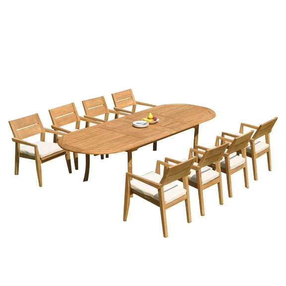 Grade-A Teak Dining Set: 8 Seater 9 Pc: 118" Oval Table And 8 Vellore Stacking Arm Chairs Outdoor Patio WholesaleTeak #51VL2609