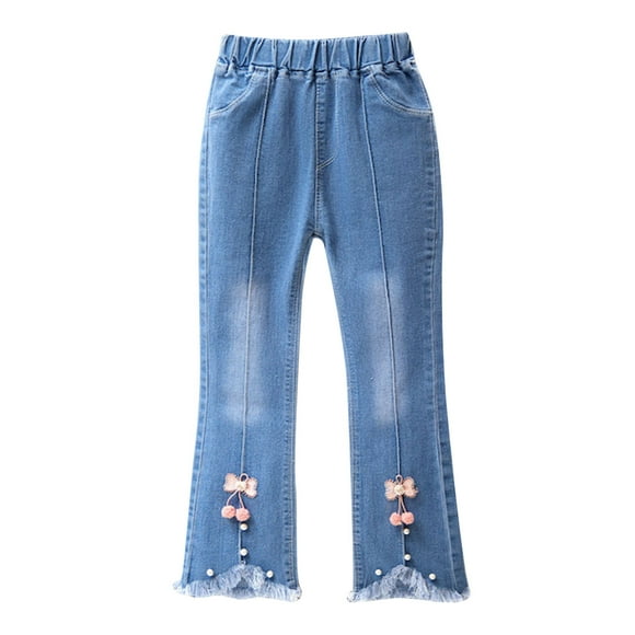 Hinvhai Kids Girls Jeans Clearance Casual Solid Color Ruffle Bell-Bottoms Denim Pants Mid Waist Flared Trousers Pink 3-4Years