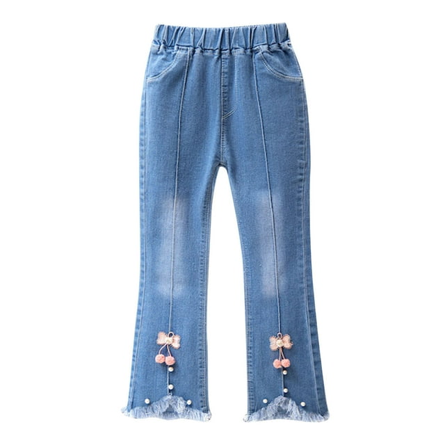 QIPOPIQ Girls Elastic Waist Slim Jeans,Ripped Fashion Simple Denim Pants 2-13 Years Clearance