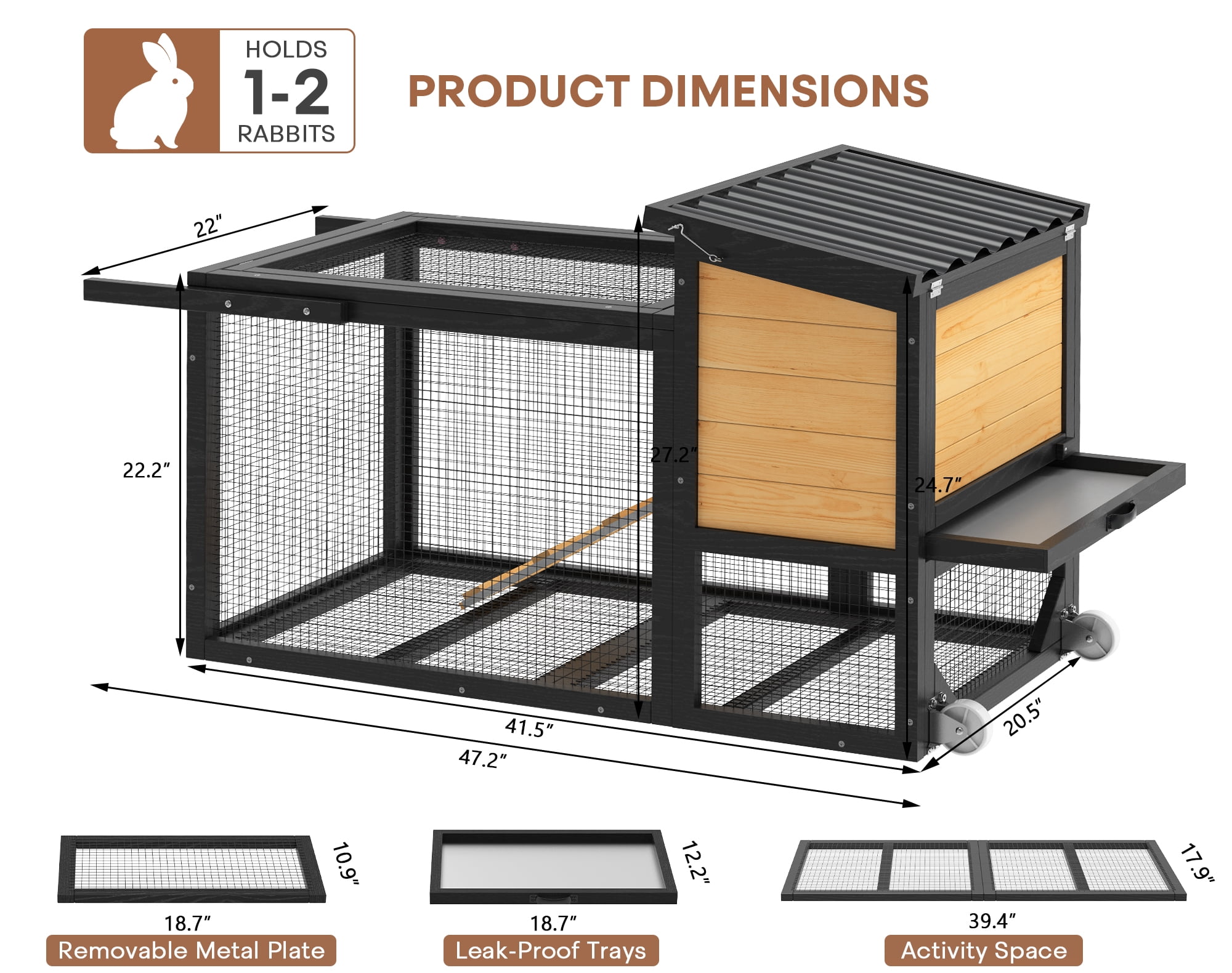 TIMHAKA 2-Story Rabbit Hutch, Wooden Bunny Cage w/ Chew-Proof Ramp & Wheels & Pull-Out Tray for Rabbits & Small Animals, Black & Yellow