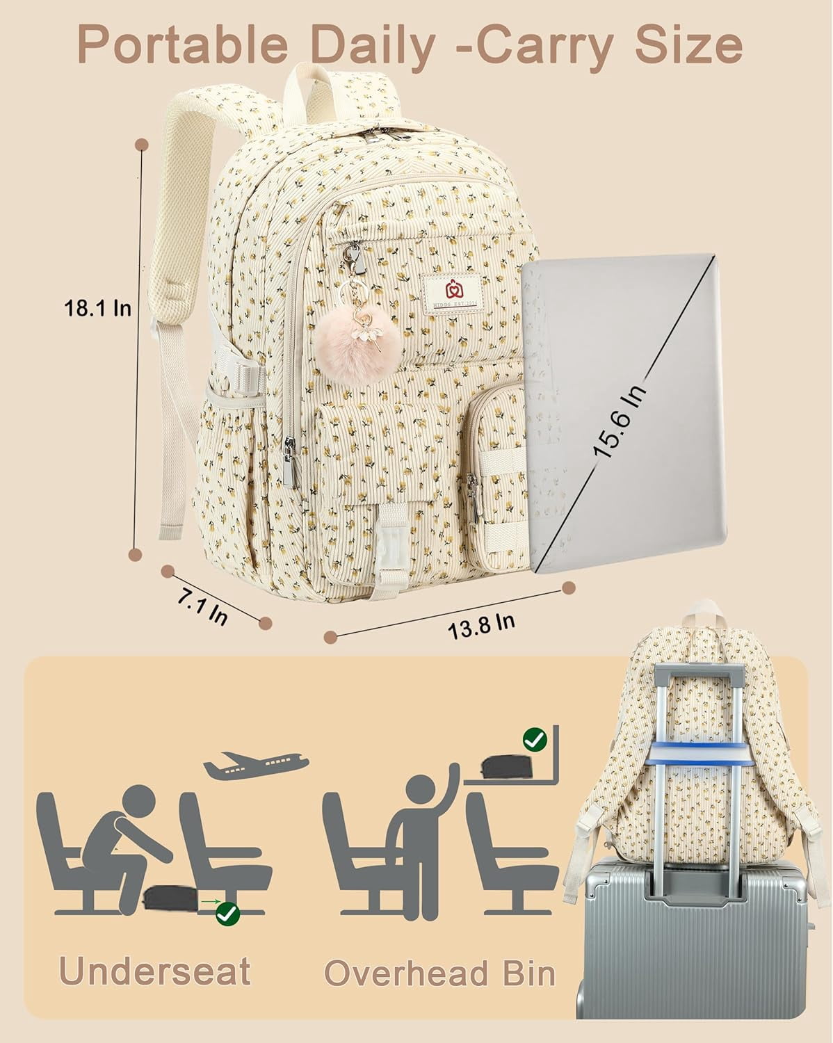 AO ALI VICTORY  School Backpack for Teens Girls Women 15.6 Inch Laptop College Backpacks Corduroy Work Bag Kids Elementary Middle High Campus Bookbag Students Pack Travel Daypack Womens（Beige Floral）