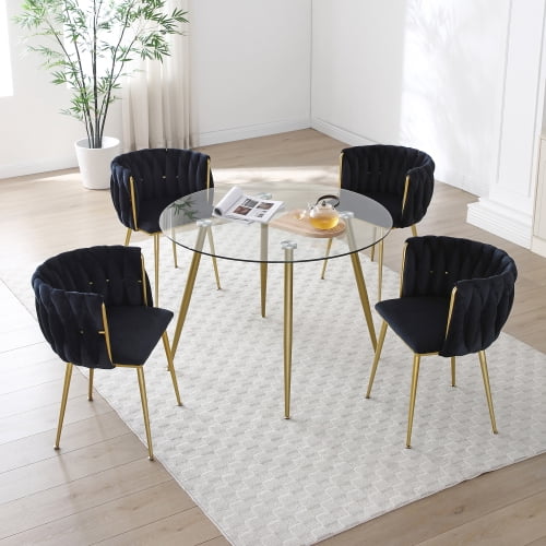 Set of 2 Modern Velvet Dining Chairs with Woven Backrest & Golden Metal Legs – Upholstered Accent Chairs for Dining Room, Kitchen, Living Room, Bedroom, Vanity, Black