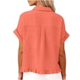 thumbnail image 5 of Yeaiivve Womens Short Sleeve Buttons Up Shirts with Ruffle Trim Ladies Dressy Casual Linen Tops Comfy Lightweight Collared Business Work Blouses Orange,XL, 5 of 7