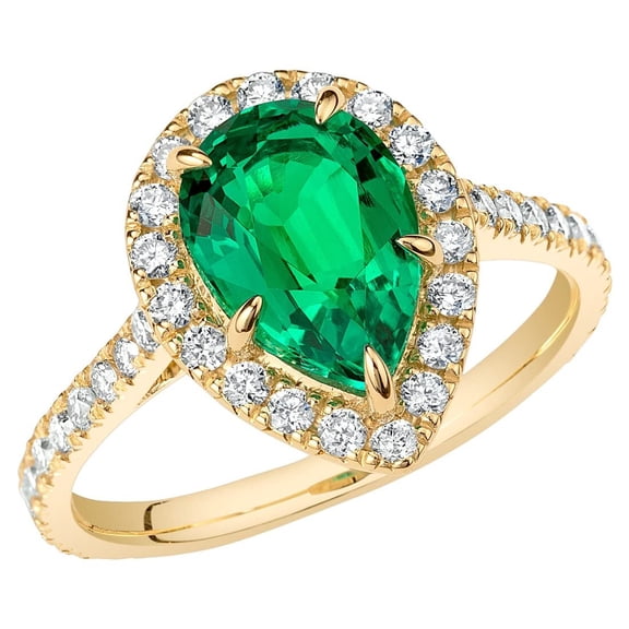 PEORA 2.75 Carats Created Colombian Emerald Lab Grown Diamond Ring in 14K Yellow Gold, Pear Shape, Size 9.5