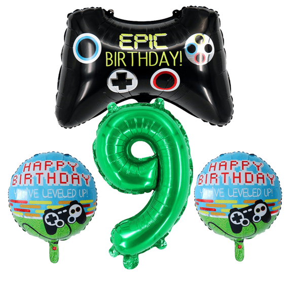 Gamer Level 9 Birthday Party Balloons Foil Set Green Black