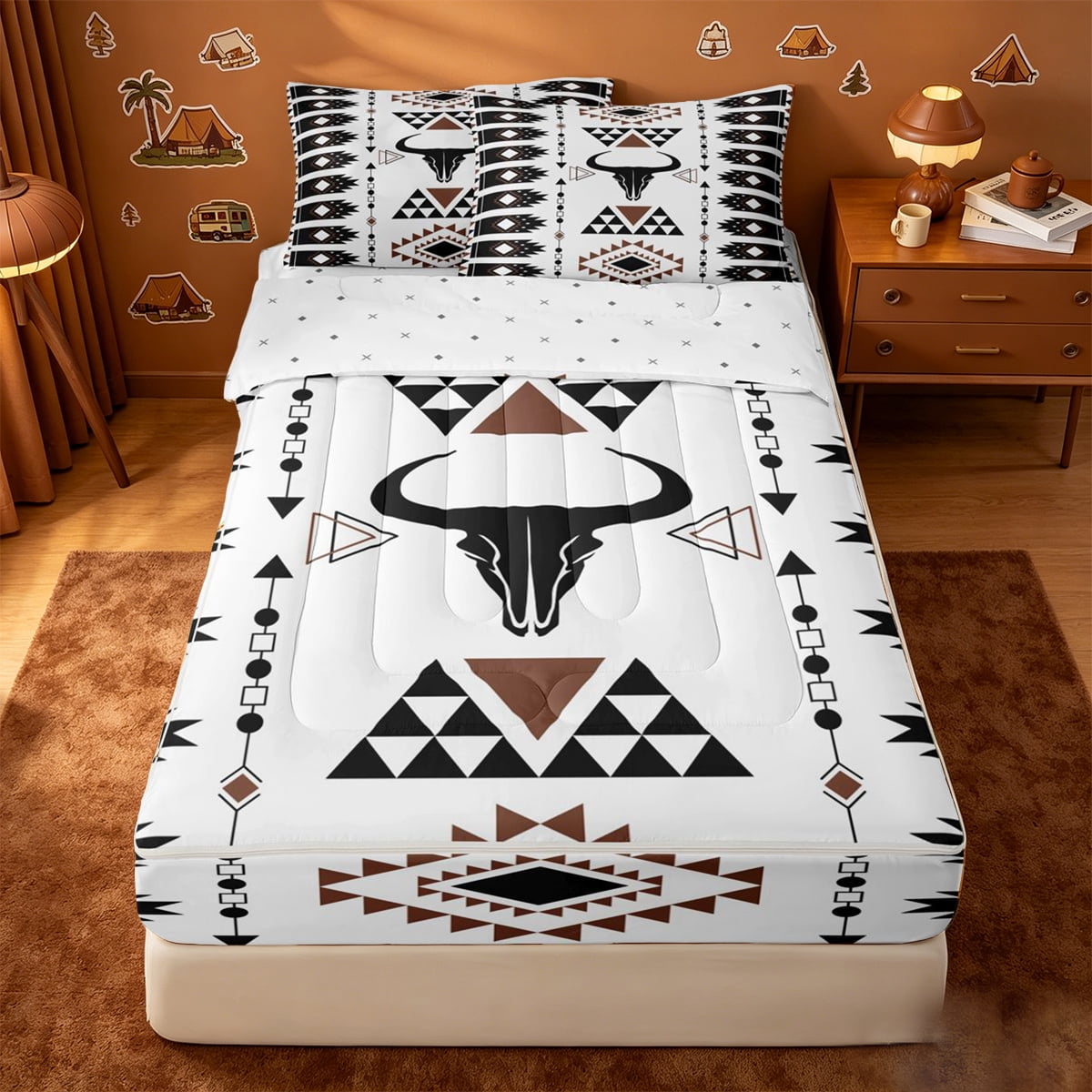 Homewish Western Tribal Geometric Zipper Full Size Comforter Sets with Fitted Sheet and 2 Pillowcases Rustic Bull Skull Zipper Bedding Set For Boys Reversible 4 Pieces