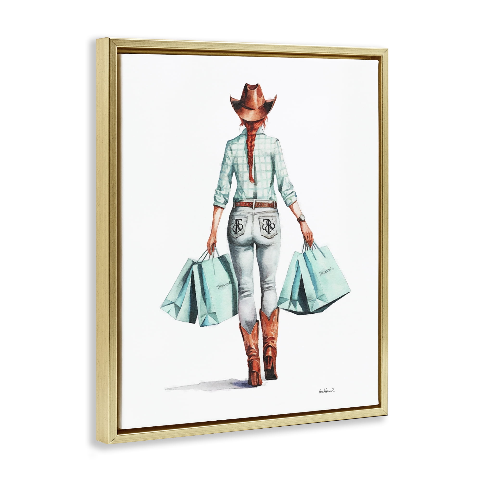 Stupell Industries Trendy Country Cowgirl People Painting Gold Floater Framed Canvas Art Print Wall Art, 17 x 21