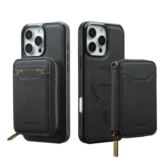 ELEHOLD Shockproof RFID Blocking Leather Wallet Magnetic Case Detachable Zipper Card Holder for iPhone 16 Pro Max, Black