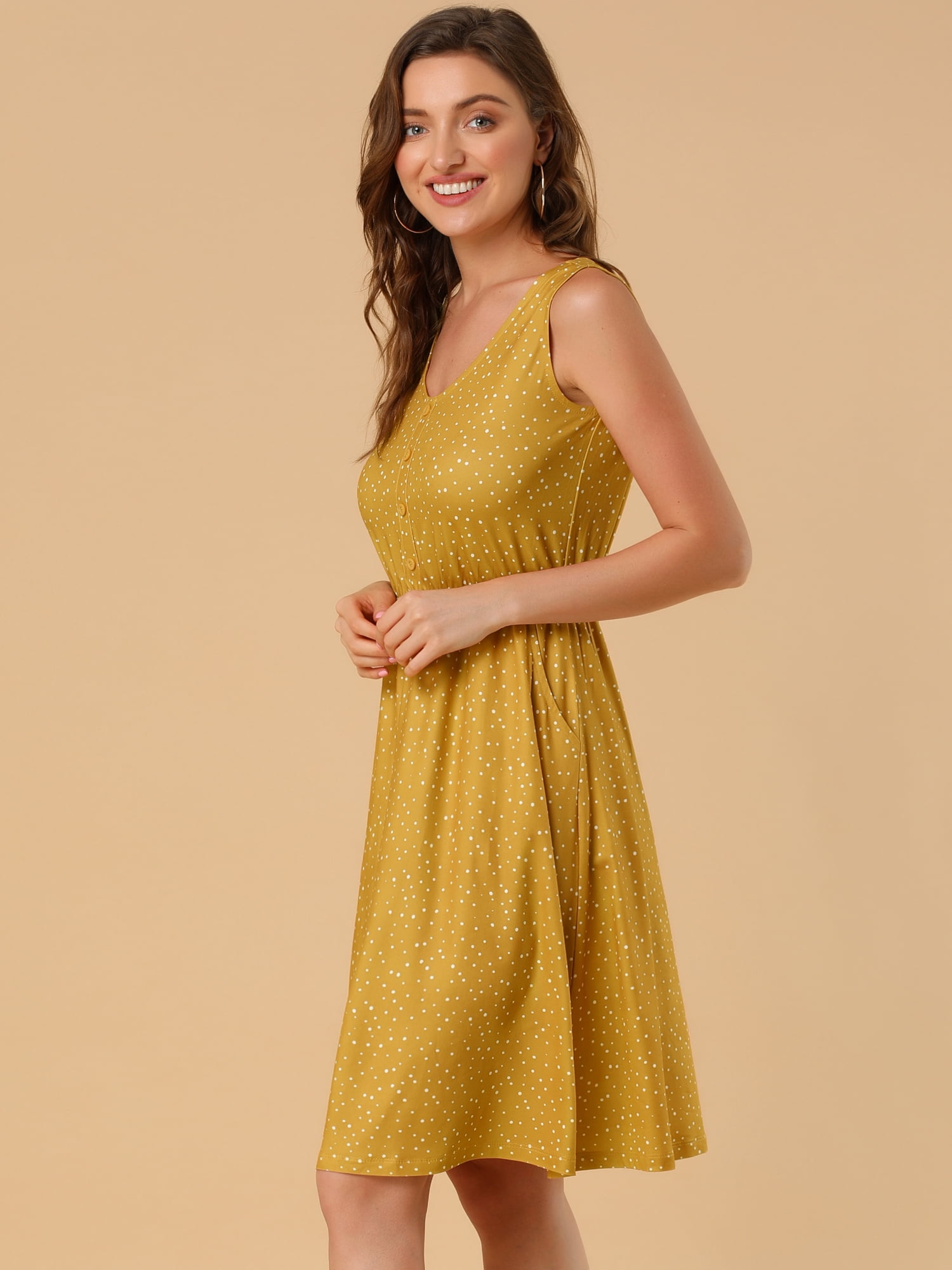 Unique Bargains Women's Midi Polka Dots V-Neck Tie Drawstring Waist Sleeveless Dress S Yellow