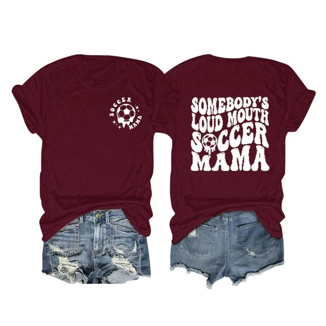 AMERTEER Ladies‘ Solid Color Round Neck Double Football Print Short Sleeve T Shirt