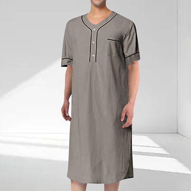 Amzcrzy Men's Robes Men Polyester Coat Men's Summer V-neck Solid Color Pocket Muslim Robe Short Sleeve V-Neck Blouses Shirts Sets Robe for Men Lightweight Robes Mens Robe