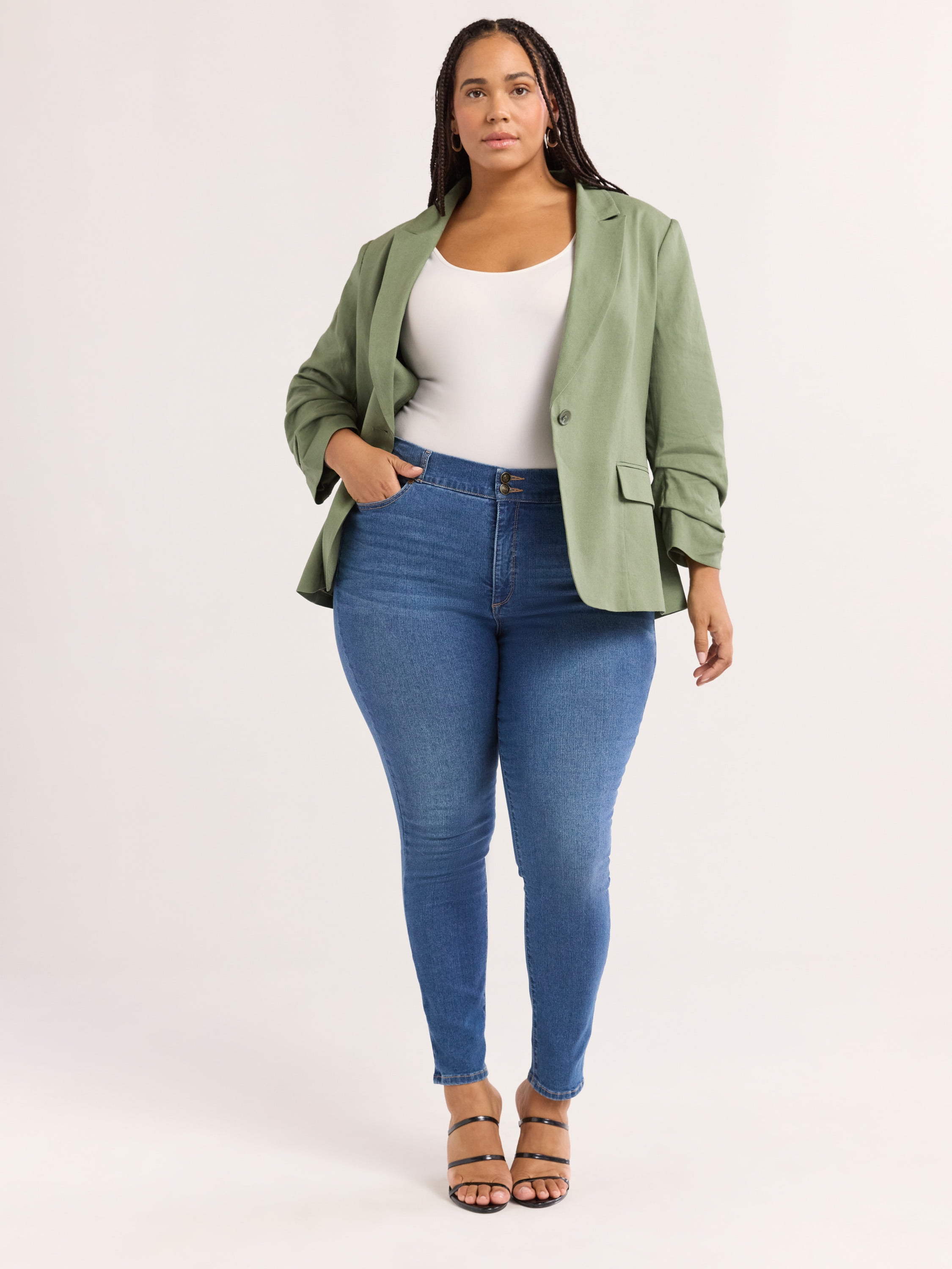 Sofia Jeans Women's Linen Blend Blazer with Scrunch Sleeves, Sizes XS-4X