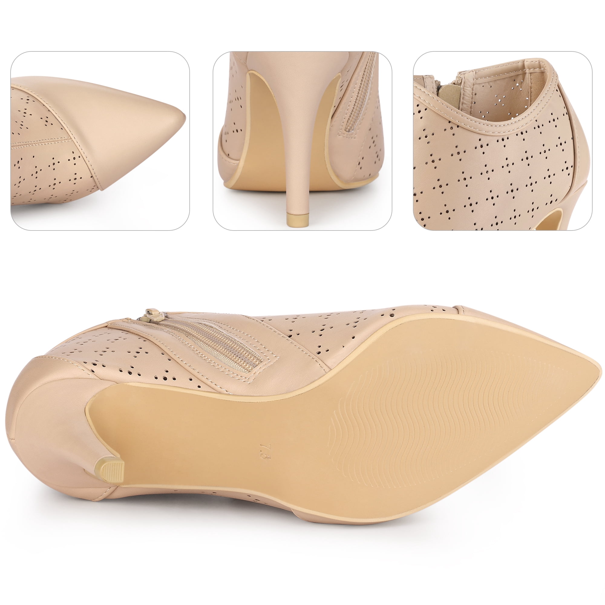 DARING DIVA Women's Perforated Pointy Toe Zipper Stiletto Heeled Ankle Boots Nude 6.5