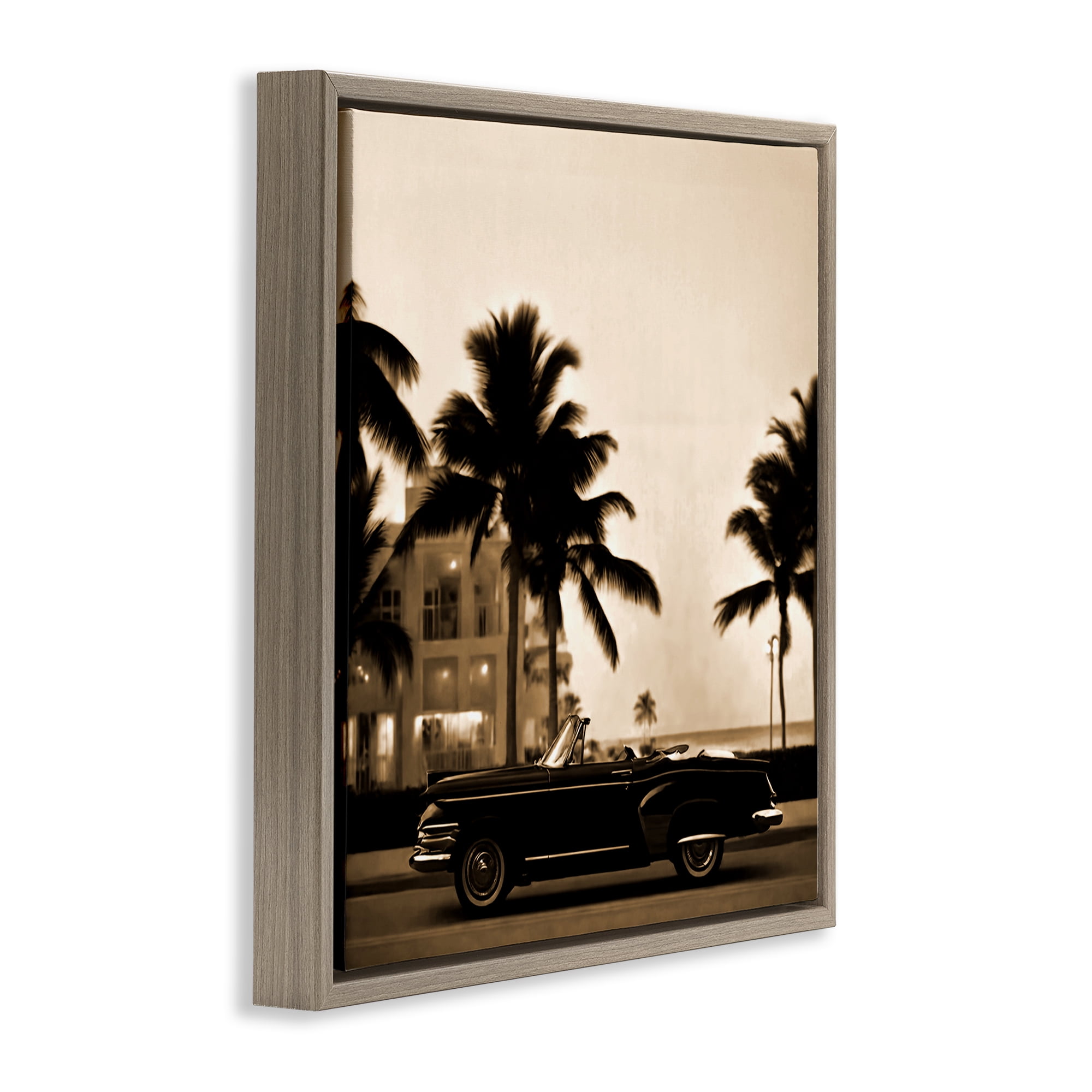 Stupell Industries Classic Black Car & Palms Transportation Painting Brown Floater Framed Canvas Art Print Wall Art, 18 x 18