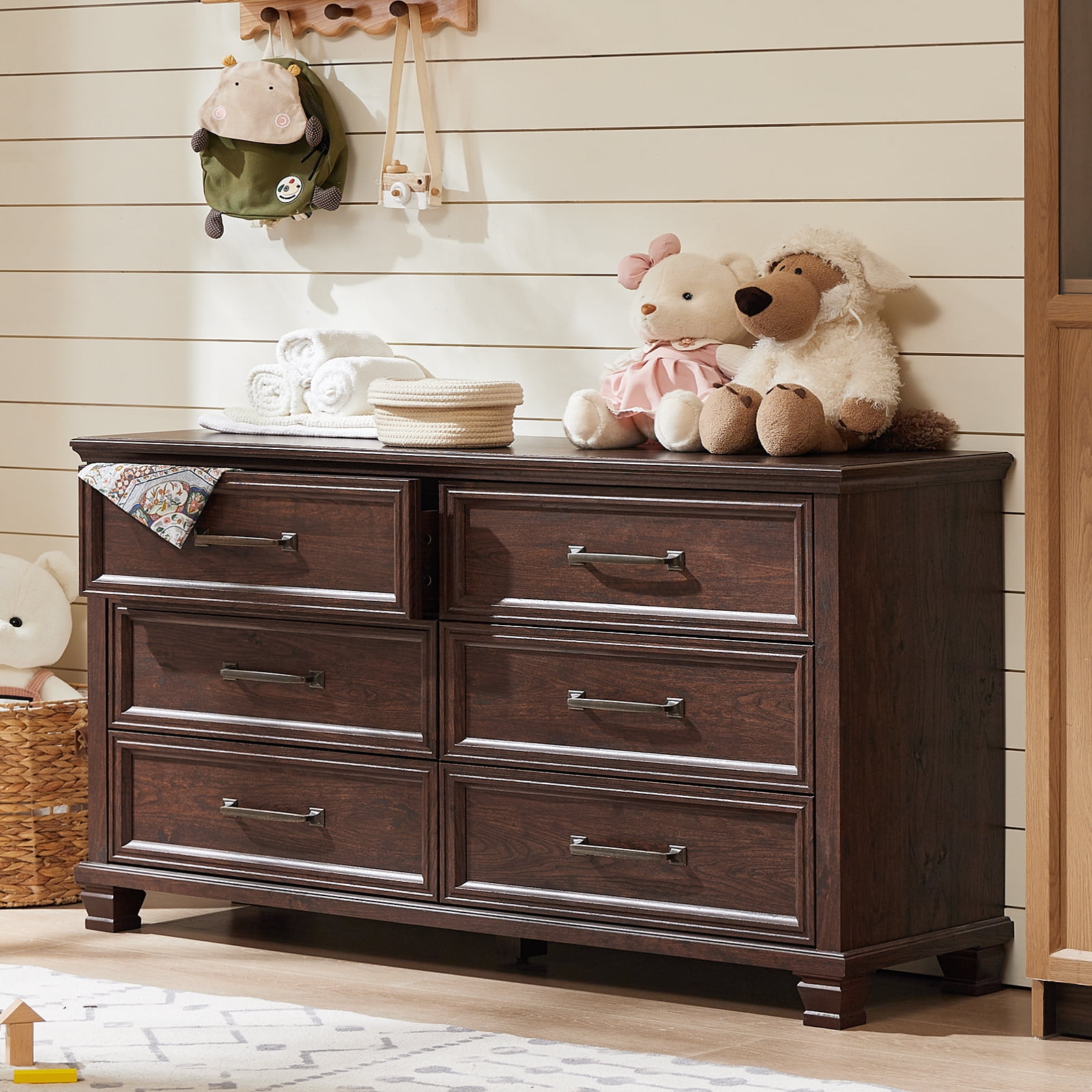 LELELINKY Farmhouse 6 Drawer Dresser, 54" Long Dressers for Bedroom, Chest of Drawers Closet Organizers and Storage Clothes for Living Room, Hallway, Walnut