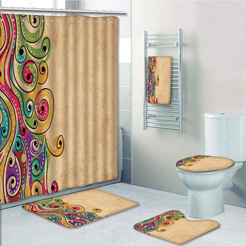 Erehome Tribal Traditional African Folk With Hand Drawn Spiral Colorful Forms 5 Piece Bathroom Set Shower Curtain Bath Towel Bath Rug Contour Mat And Toilet Lid Cover Walmart Canada