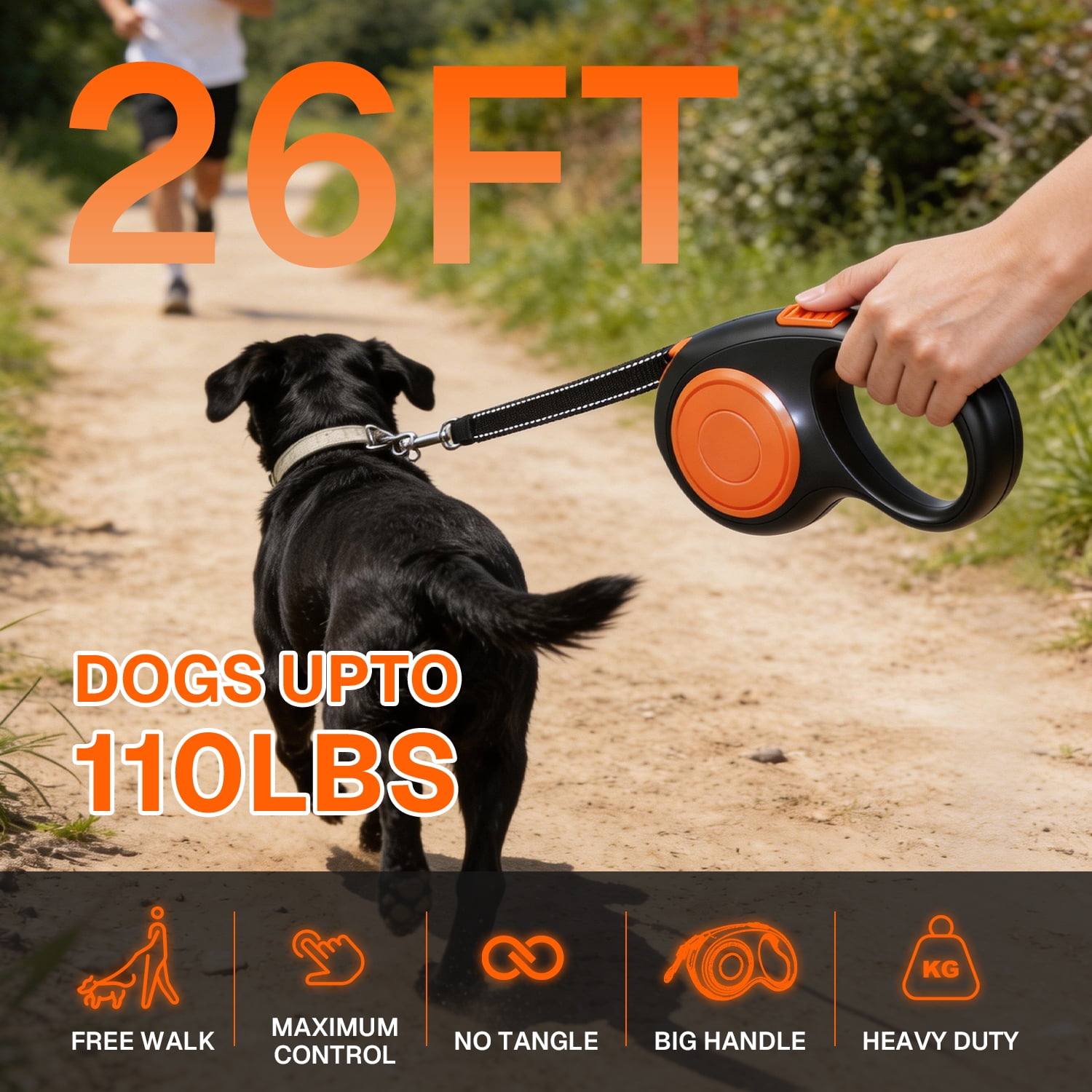 Behome 26Ft Retractable Dog Leash,Walking Leash for Large Dogs/Cats Up to 110lbs,Luminous Spring Strong Nylon Tape, 360° Tangle Free,One-Handed Brake