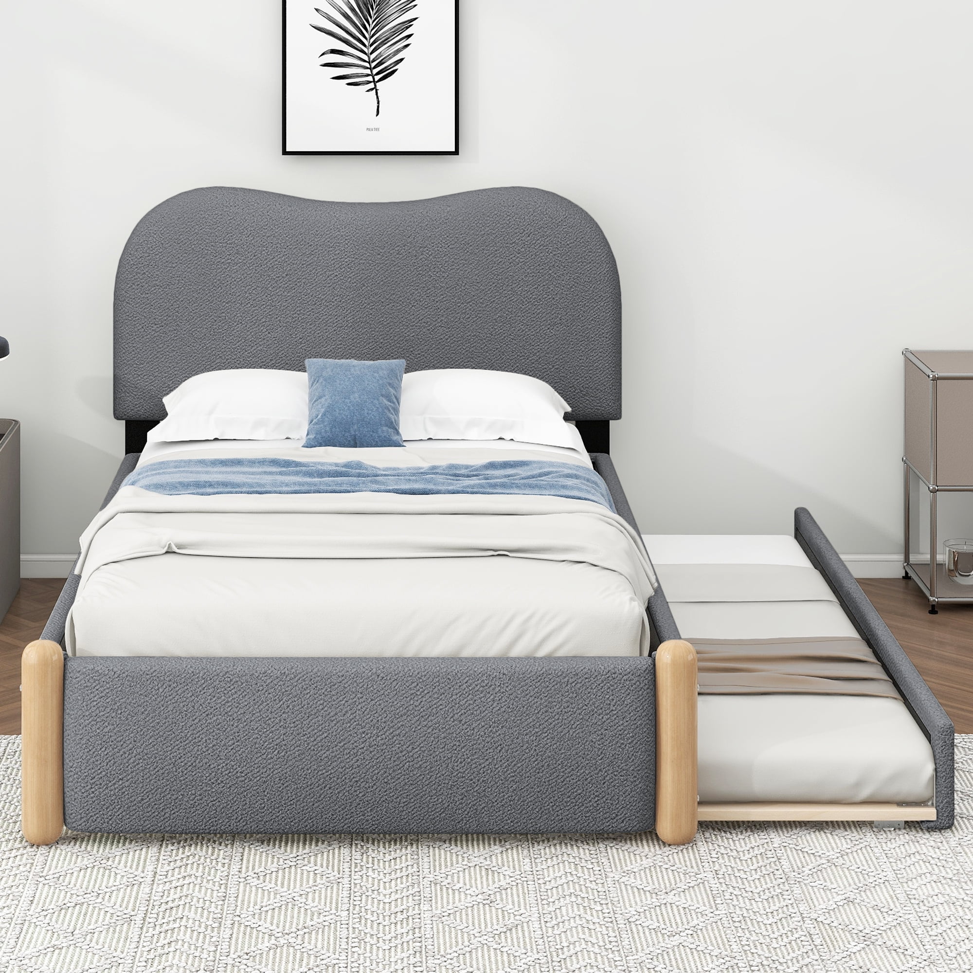 EUROCO Upholstery Twin Size Platform Bed with Twin Size Trundle, Wood Support Legs for Kids, Gray