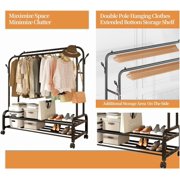 Fybee Heavy Duty Rolling Clothing Rack, Adjustable Double Rod Garment Organizer with 2 Shelves & Hooks, Mobile Wardrobe for Bedroom/Closet, Black