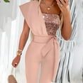 thumbnail image 3 of Aayomet Womens Fashion Splicing Solid Color Slim Sleeveless Belt Decorative Beaded Jumpsuit,Pink S, 3 of 4