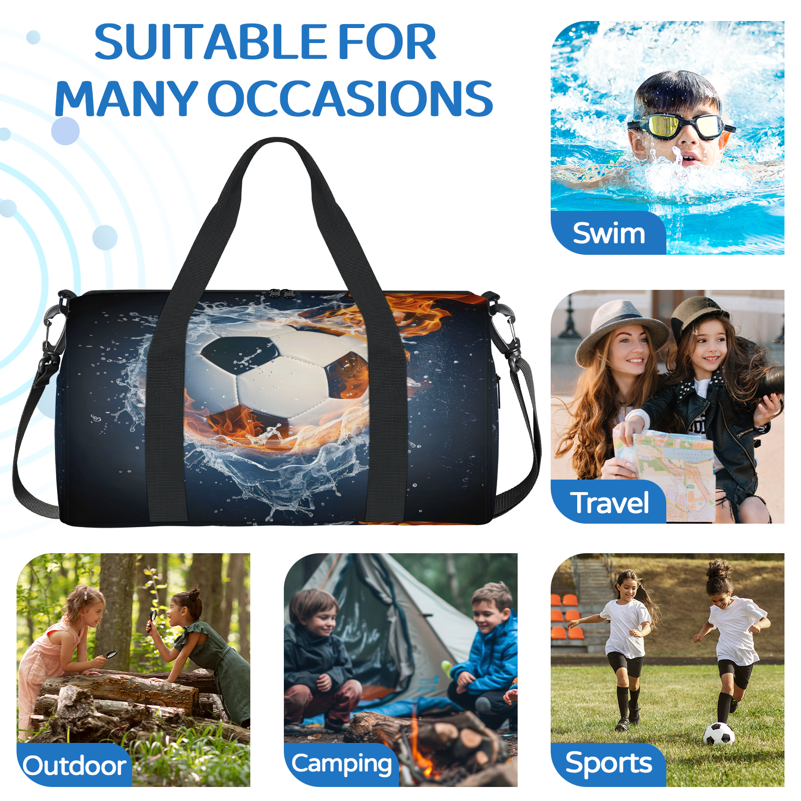 Herdesigns Soccer Ball On Fire And Water Travel Duffle Bag Sports Yoga Weekender Overnight Carry on Workout Bags Lightweight Waterproof Gym Tote Bag for Women