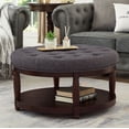 thumbnail image 2 of CQSXDA Large Round Upholstered Tufted Linen Wood Shelf Storage Coffee Table, For Living Room, Dark Gray, 2 of 7