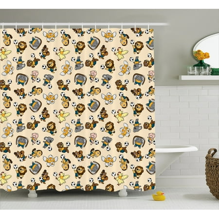 Kids Shower Curtain Soccer Playing Lions Horses Ens Piegons Kids Shower Curtain Soccer Playing Lions Horses Ens Piegons And Koalas Cartoon Sports Pattern