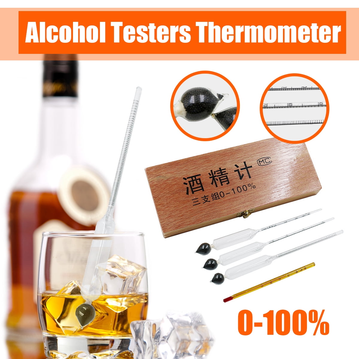 4Pcs/Set Liquor Density Alcohol Meter Testers Thermometer 0100