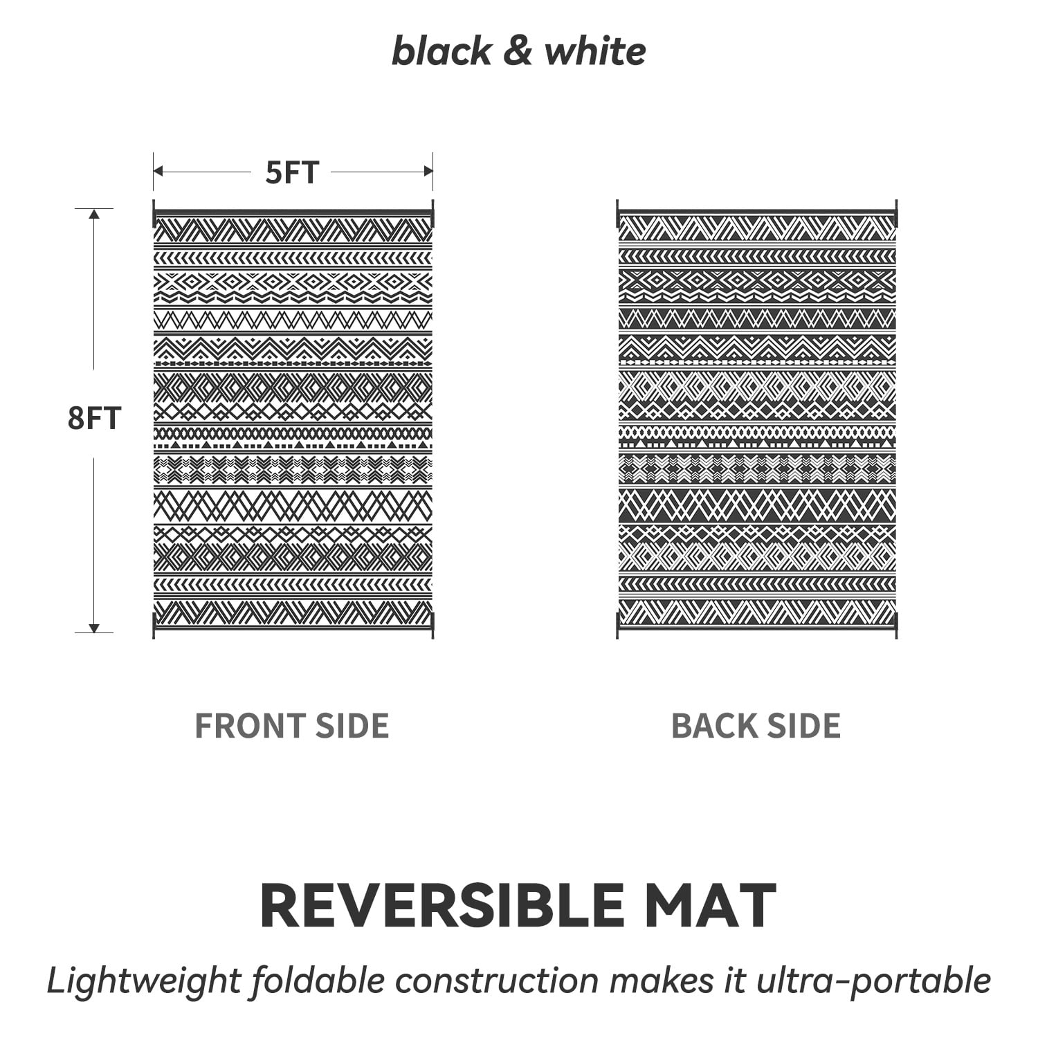 SIXHOME Outdoor Rug 5'x8' Waterproof Reversible Patio Rug Boho Geometric Indoor Outdoor Rugs Lightweight Plastic Straw Ourdoor Carpet for RV Camping Deck Balcony Modern Porch Decor Black and White