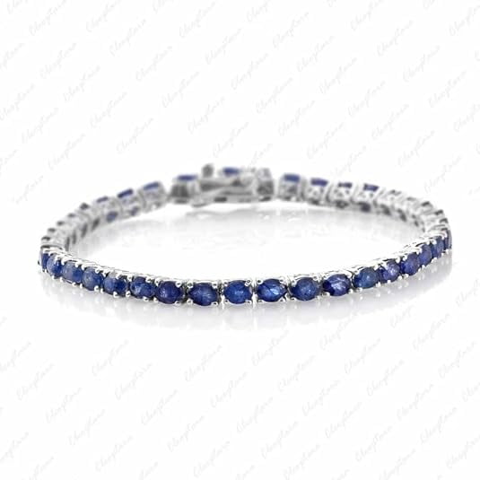 Sterling Silver Lab Created Blue Sapphire Tennis Bracelet, Oval Cut Gemstones, Two Side Safety Clasp