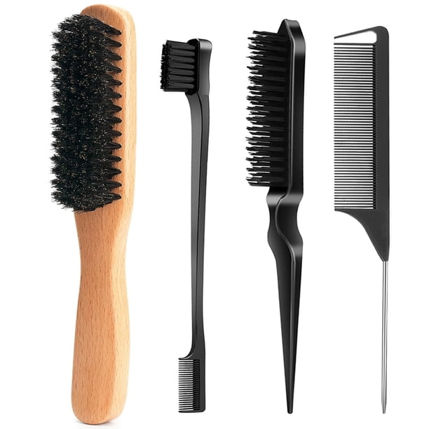 OPALESQUE 4 Pzas Cepillo de Pelo con Cerdas de Jabalí para Cabello Suave, Frizz, Cola de Caballo Elegante, Moños y Borde de Cabello de Bebé, Peine de Burla / Peine para el Cabello, Cepillo de Borde,