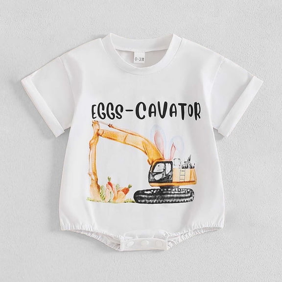 Newborn Onesies Newborn Easter Excavator Bunny Print Short Sleeve Romper Girls Romper White 6-12 Months