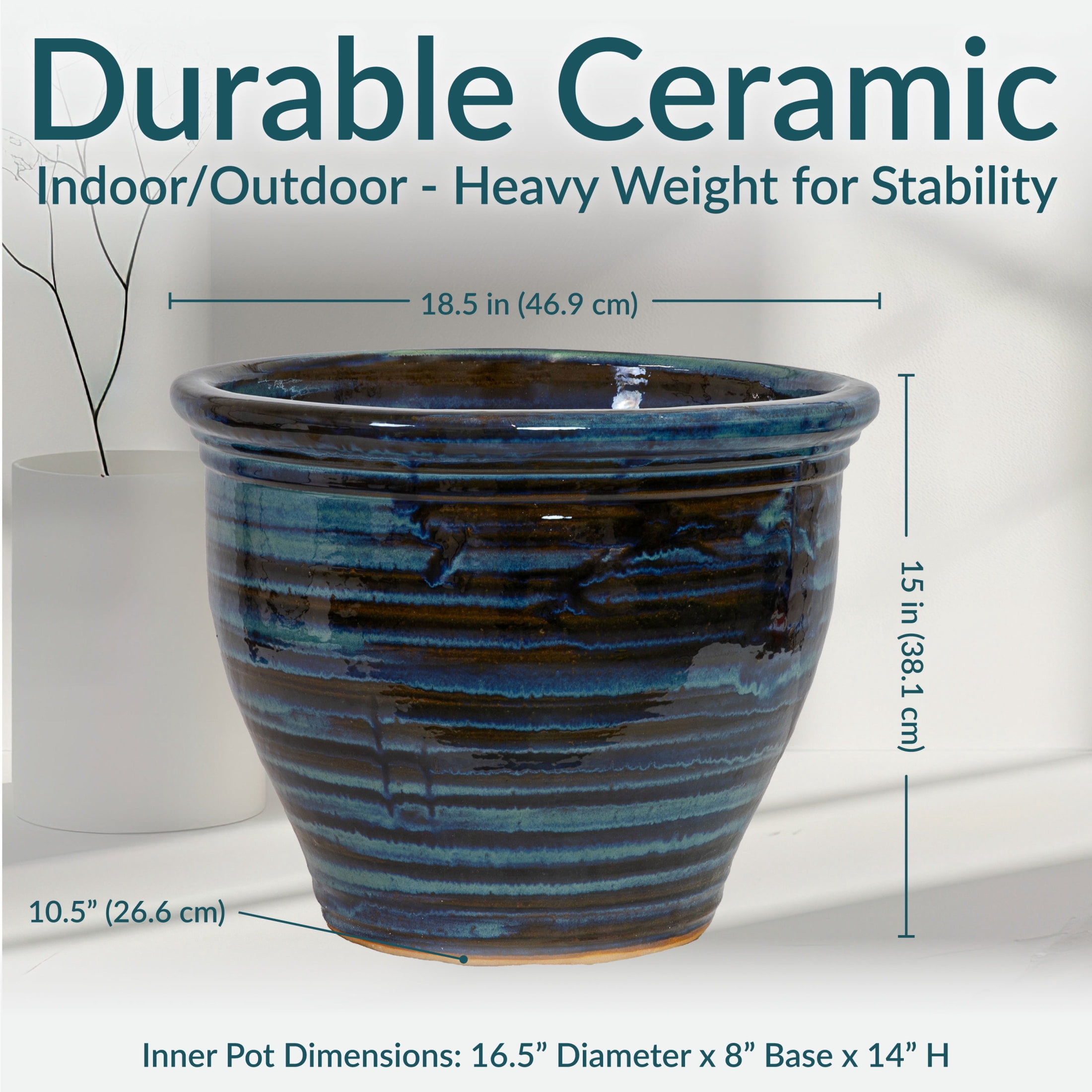 Sunnydaze Studio 18.5" x 18.5" x 15" Round Galaxy Blue Ceramic Outdoor Planter