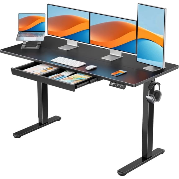 Kyspho 55" x 24" Electric Standing Desk with Drawers, Height Adjustable Desk with 4 Preset Heights, Ergonomic Rising Home Office Computer Table with Splice Board, Black