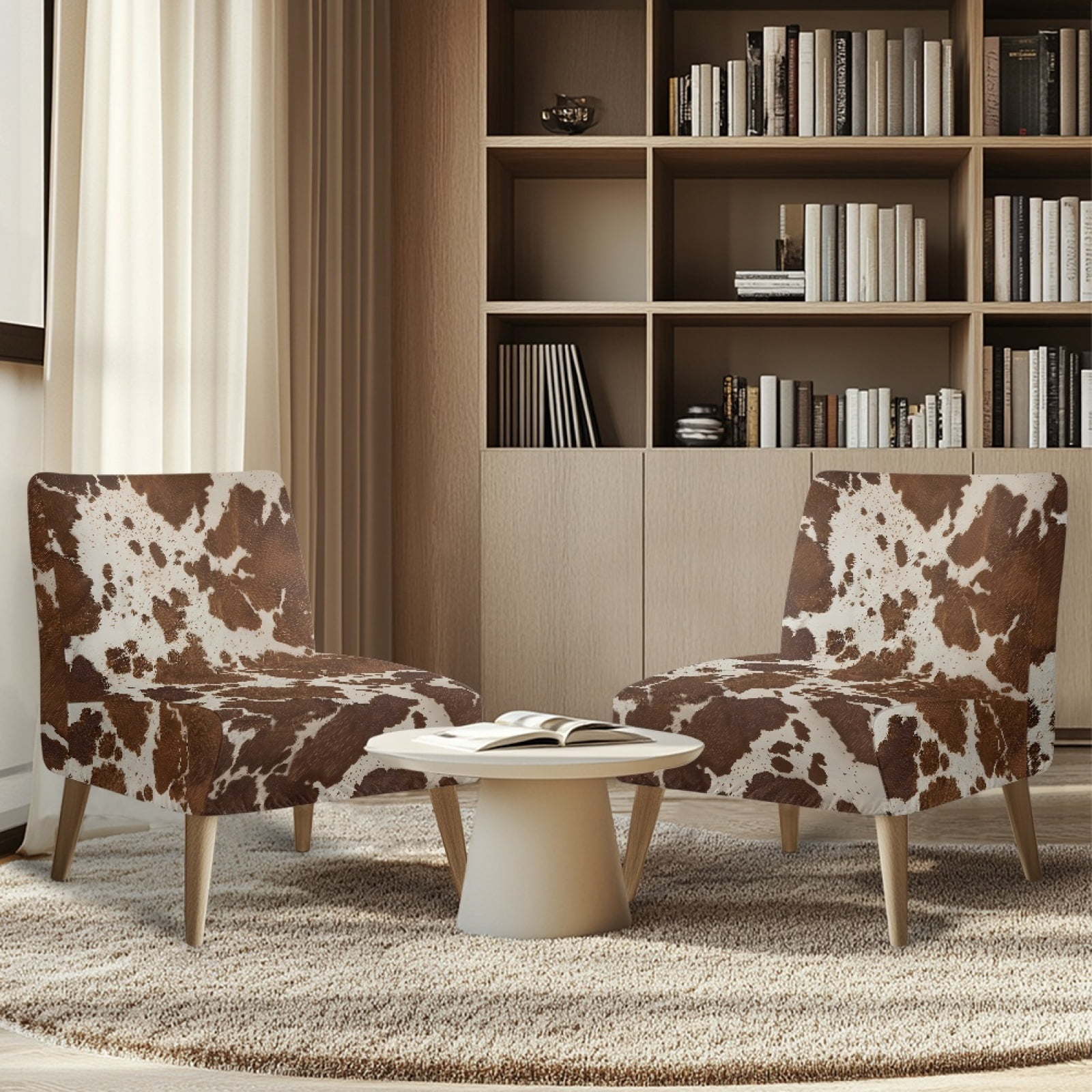 ZIATUBLES Armless Couch Slipcover Stretch Spandex Living Room Chair Covers without Arms Soft Machine Washable Armless Chair Furniture Protector Covers Modern Home Decor, Beige Brown Cow Print