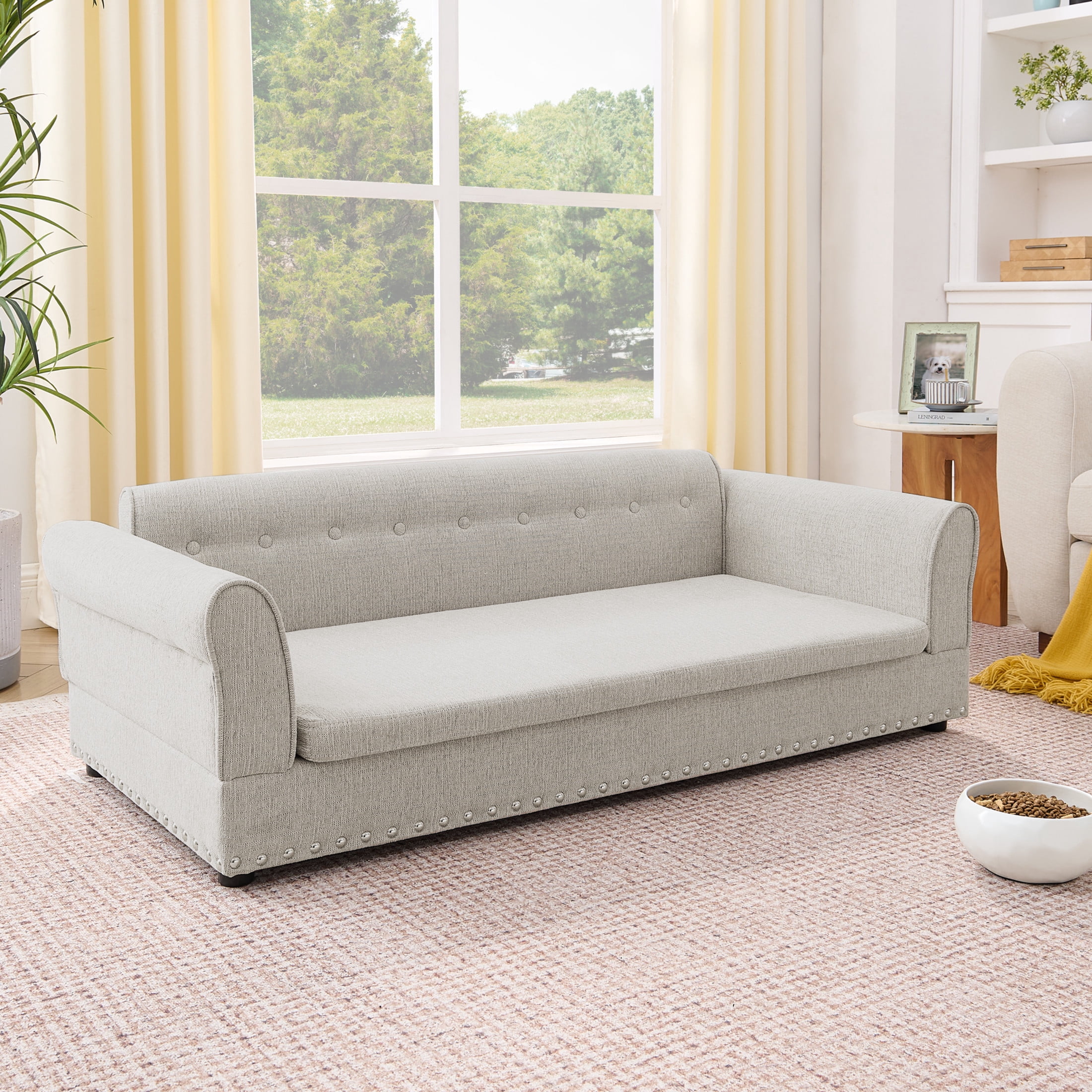 Noble House 55" Comfortable Elevated Pet Sofa, Elegant Oversized Linen Dog Bed with Support Armrests, Beige